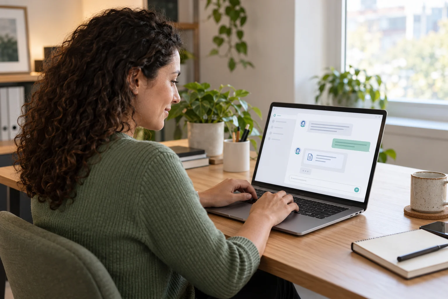 Illustrative image of a person using a chatbot on a laptop in a bright workspace
