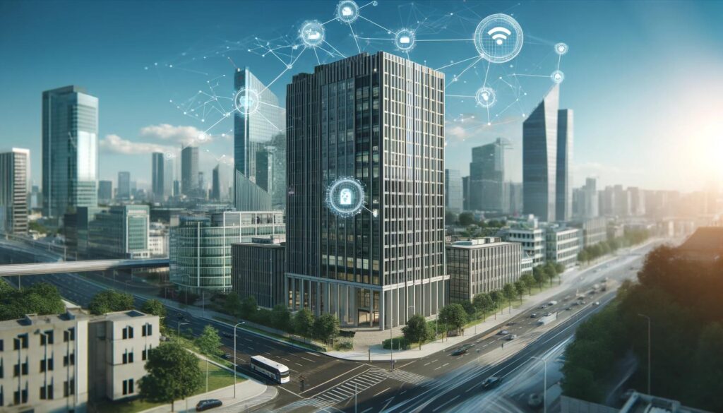 Photorealistic image of a modern office building set in a city environment on a pleasant summer day. The building is surrounded by digital data streams and IoT icons connected by nodes, illustrating the interconnected and advanced nature of smart building technology. Other city buildings and greenery are visible in the background under clear blue skies.